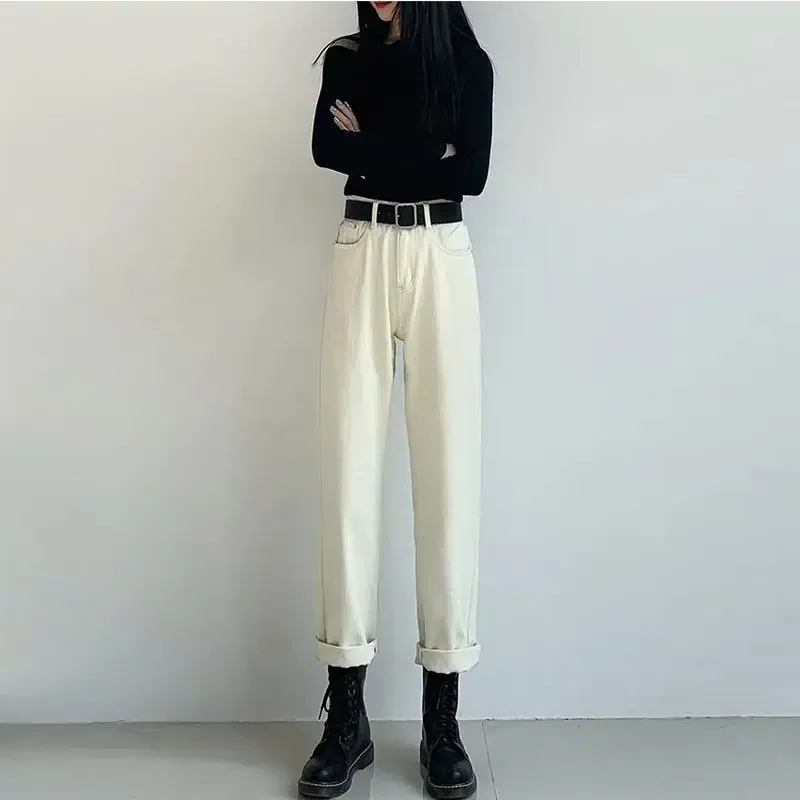 

Woman Jeans Pants Loose Straight Autumn And Winter High Waist Jeans White Pants Pantalones Vaqueros Mujer