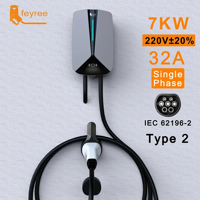 feyree Type2 32A 7.6KW 1Phase EV Charger  EVSE Wallbox RFID Cards Version 5m Cable Charging Station for Electric Vehicle Car