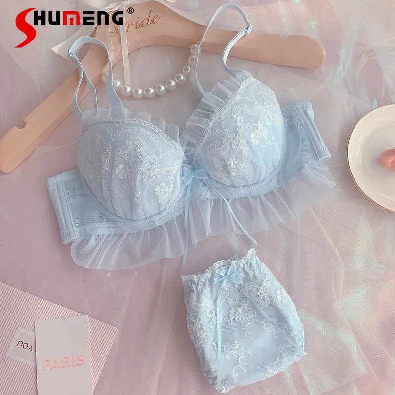 

Japanese Style Lace Embroidery Brief Sets Women's Comfortable Bra Set with Bowknot Female Sexy Underwire Bra and Panties