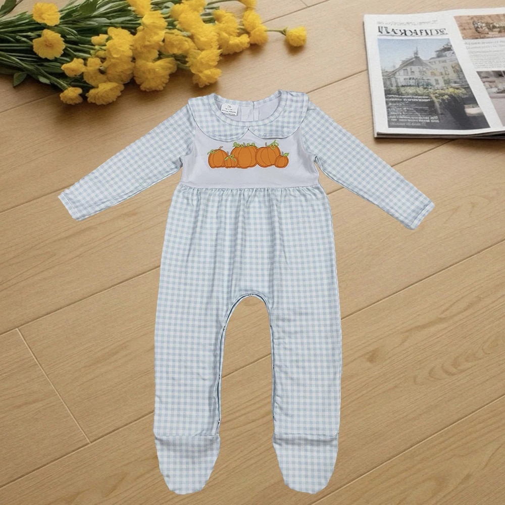 

9.22 Baby Winter Rompers Embroidery Pumpkins Baby Girls Blue Plaid Fall Footed Rompers