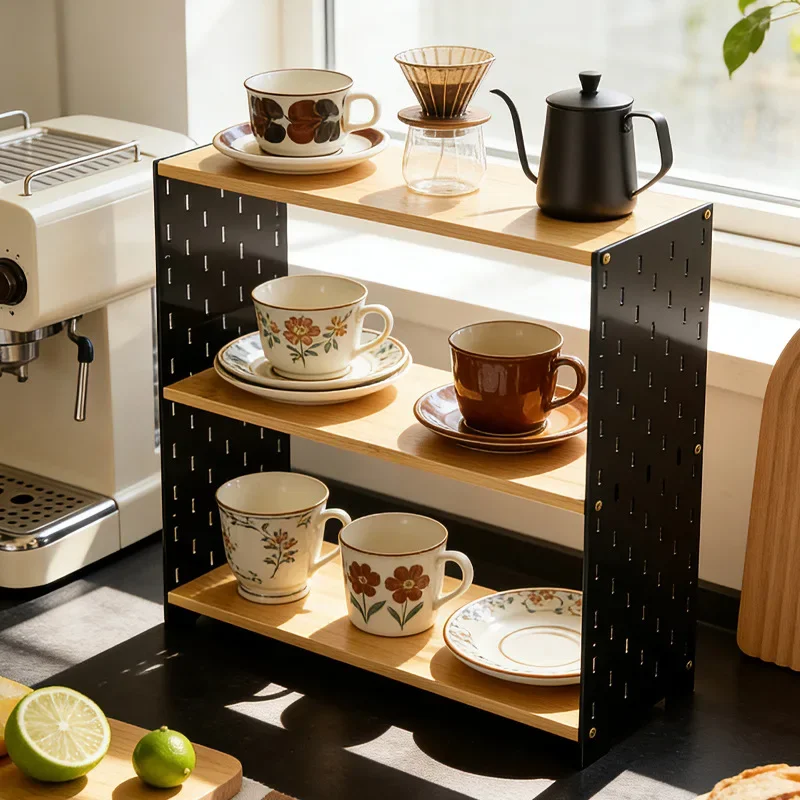 

Factory Minimalist Cup Holder Double-layer Water Cup Rack Coffee Corner Finishing Rack Solid Wood Hole Board Storage Rack