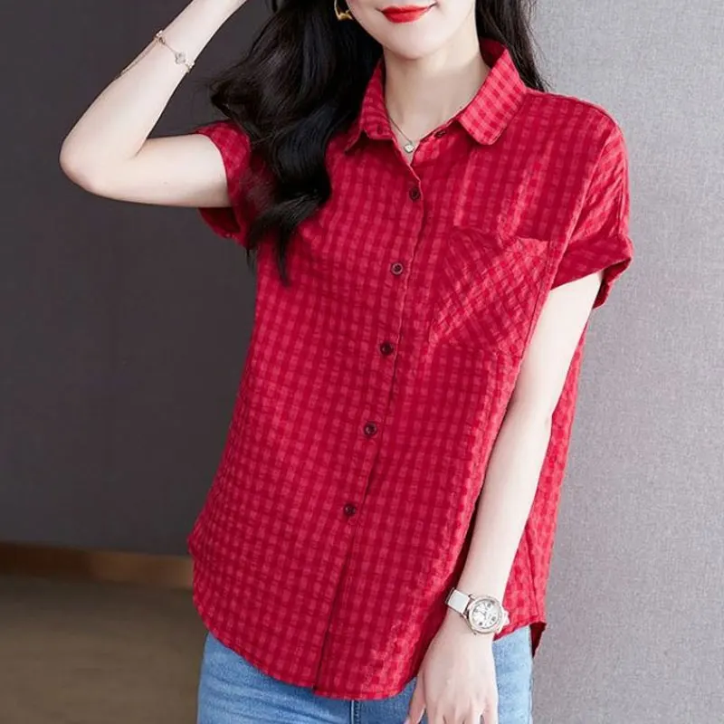 Women's Clothing Fashion Plaid Blouse 2024 Commute Single-breasted Casual Pockets Patchwork Summer Turn-down Collar Loose Shirt