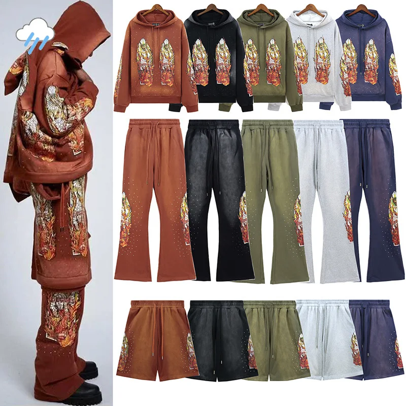 Streetwear Vintage Wash Purple Brown Green Black Grey Who Decides War Sweatpants Men Women Jogger Drawstring Flame Casual Pants