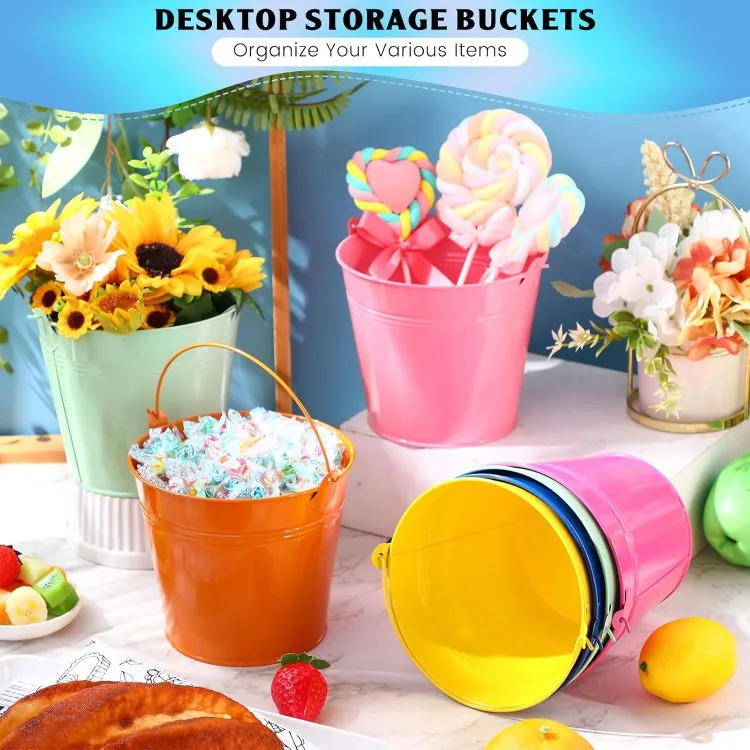 24 Pack Colored Metal Small Bucket with Handle 6 x 4.3 x 5 Inch Galvanized Bucket Pail Bulk for Ice Tin Can Classroom Craf