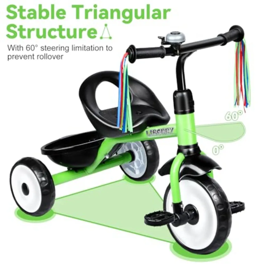 Tricycle pour tout-petits âgés de 2 à 4 ans, vélo à 3 roues avec panier arrière de cloche, pédale amovible, jouet vert cadeau d'anniversaire pour garçons et filles