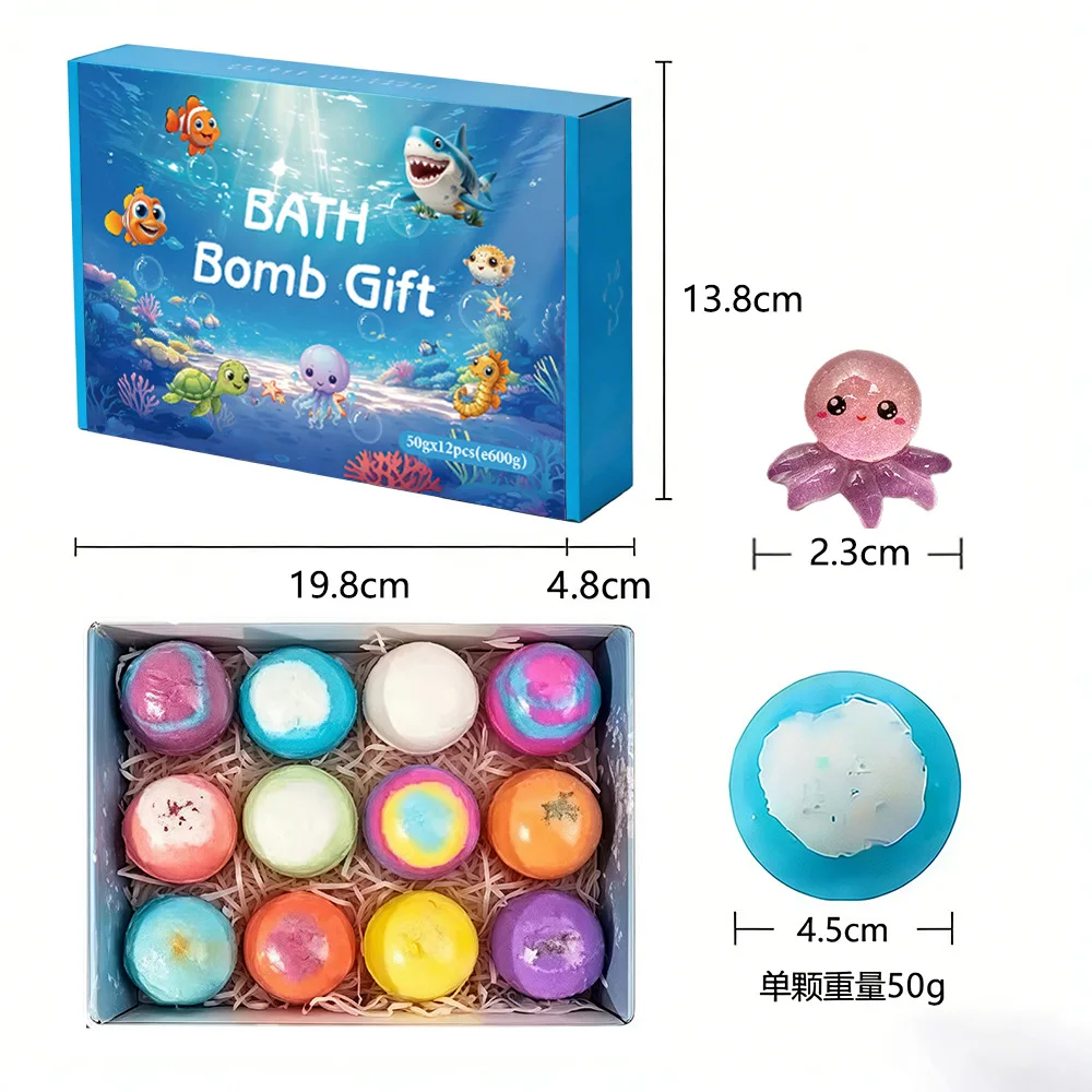 Bombas de Baño para Niños (6-12 Unidades), Tema Oceánico con Juguetes Sorpresa, Bolas Efervescentes con Aroma a Flores y Frutas, Set para Baño de Pies