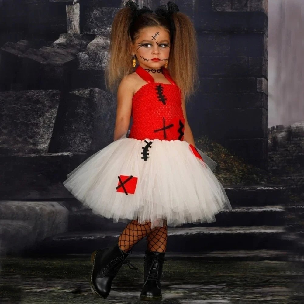 Halloween Red Tulle Tutu Dress Set For Kids Children Carnival Stage Performance Outfit With Hair Band And Stocking Accessories