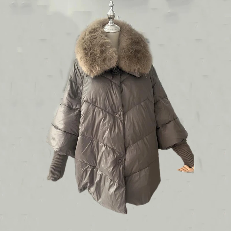 Winte White Down Duck Parka Big Fur Collar Cotton Padded Jacket Women Loose Puffer Coat Lightweight Pocket Female Outerwear