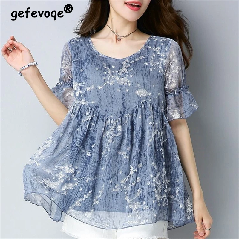 2024 Summer Women\'s Fashion Print Ruffle Sweet Blouse Casual O Neck Short Sleeve Chiffon Shirt Loose Chic Tops Blusas Para Mujer