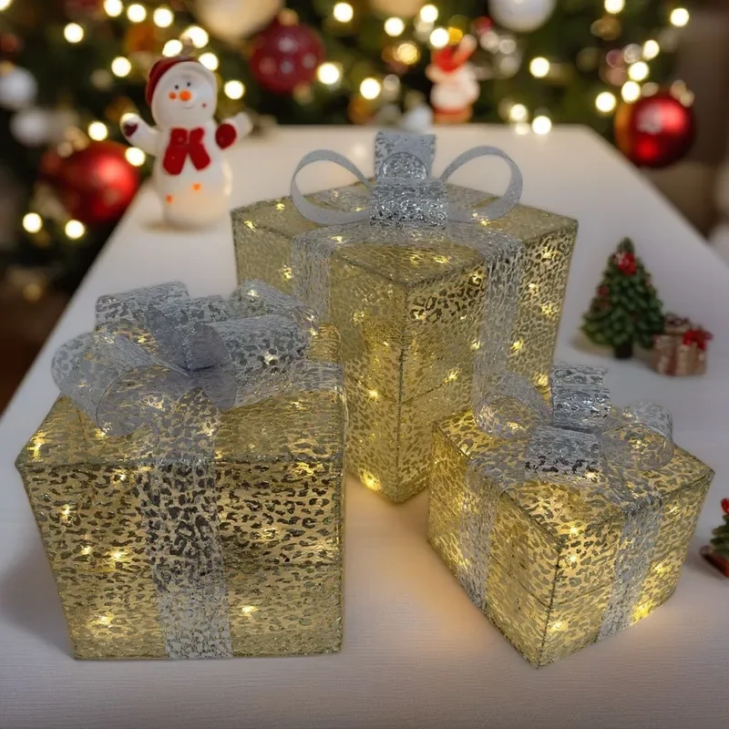 for Christmas Gift Box Three Piece Wrought Iron Window Ornament for Christmas Tree Decoration Gift LED Scene Prop Modeling