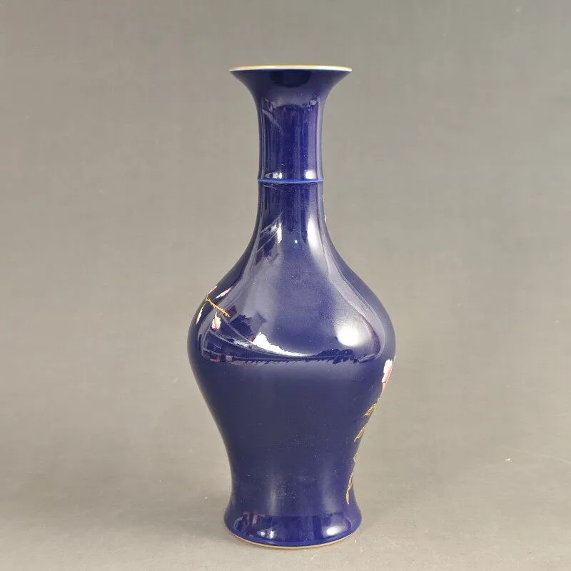 Chinese Blue Glaze Porcelain Vase Qing Qianlong Flowers Bird Design 10.0 inch