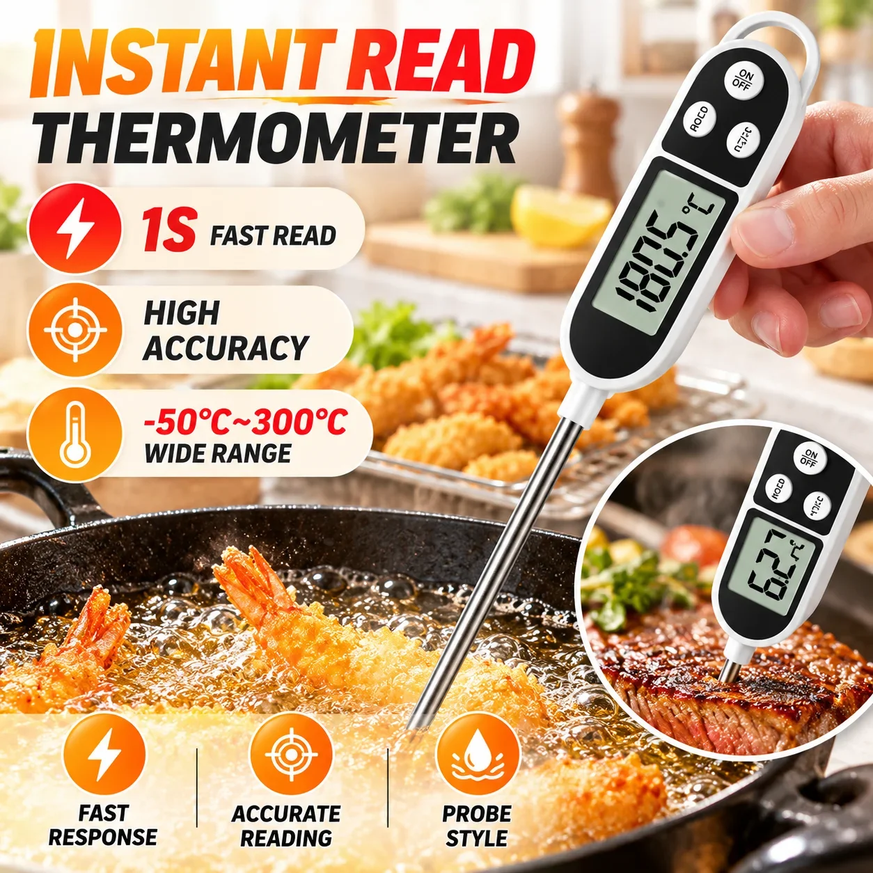 Instant Read Meat Thermometer with Long Probe 9.65 Inch Kitchen Cooking Food Candy Waterproof Digital Thermometer for BBQ
