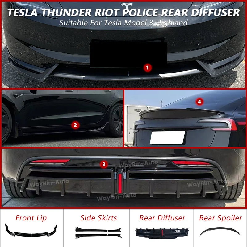 

For Tesla Model3 Highland 2024 Full Body Kit Rear Bumper Lip Spoiler with Pilot Light Riot Police Rear Diffuser Auto Accessories