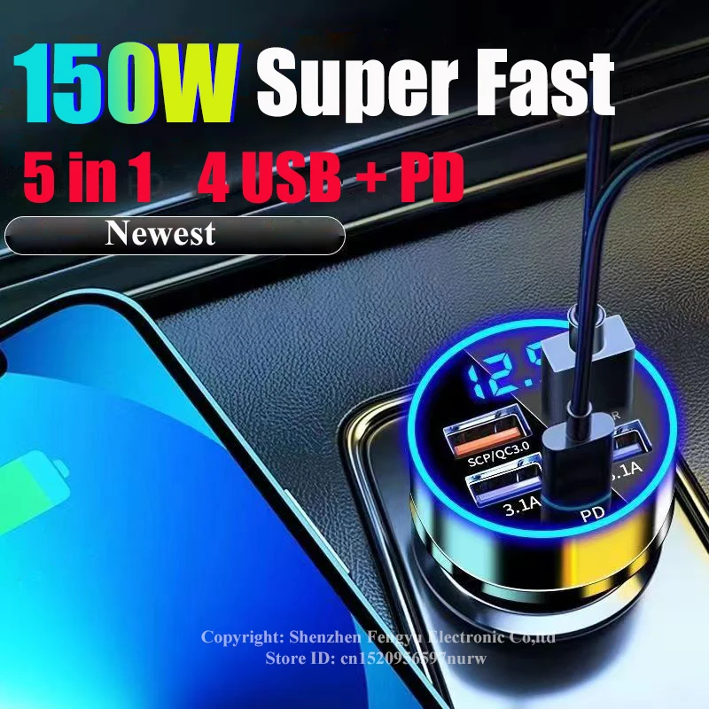 5 Port USB C Car Charger Adapter PD 150W Super Fast Charging in Car for iPhone Samsung Oppo OnePlus Huawei Xiaomi Mobile Phones