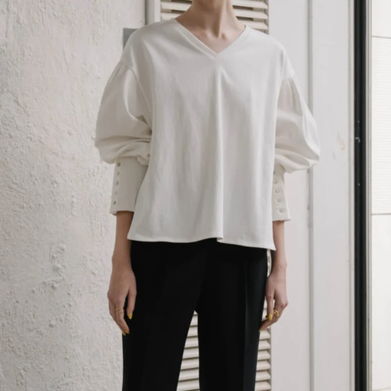 

Summer Fashion Niche Lantern Sleeve V-neck Loose Slim Casual Pullover Women Sweatshirts