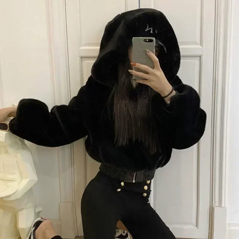 Autumn Winter Faux Rabbit Fur Bomber Teddy Coat Zipper Streetwear High Waist Furry Hooded Plush Jacket Cardigan Fleece Parkas