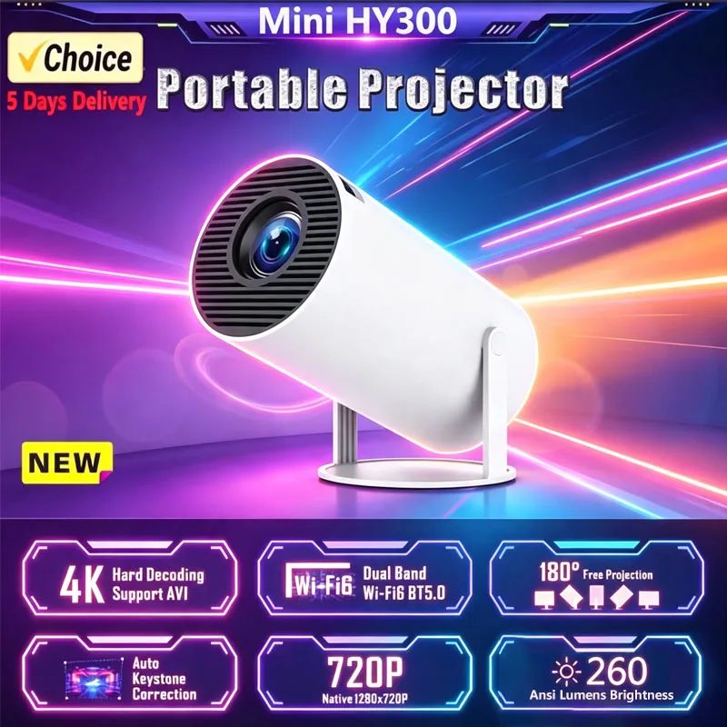 New  Mini HY300  Projector 4K Android 11，  Wifi6 290ANSI Allwinner H713 BT5.0 1080P 1280*720P Cinema Outdoor Portable Projetors