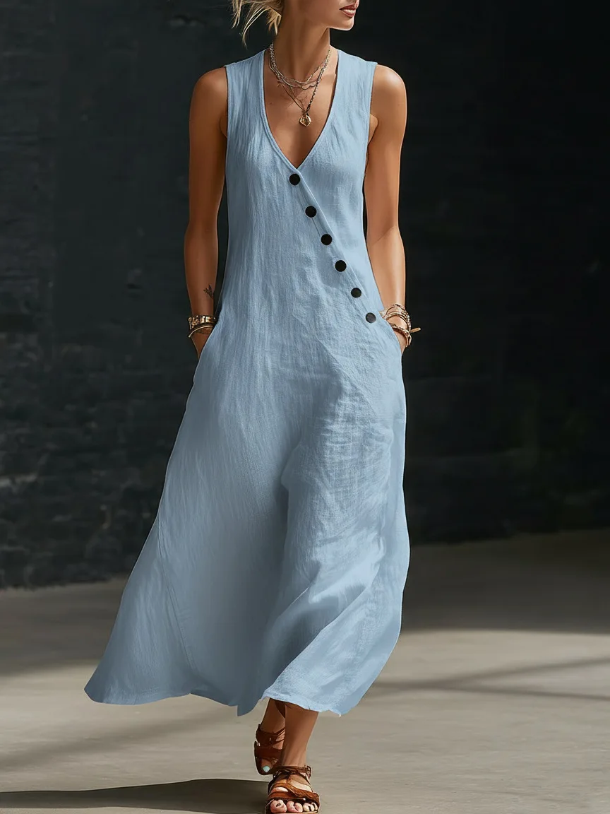 2026 Sommer Damen Baumwoll-Leinen A-Linien-Maxikleid mit V-Ausschnitt, ärmellos, asymmetrisch, Knopfleiste, Westenkleid, locker geschnitten, lässig, für den Urlaub am Strand – Detail 12