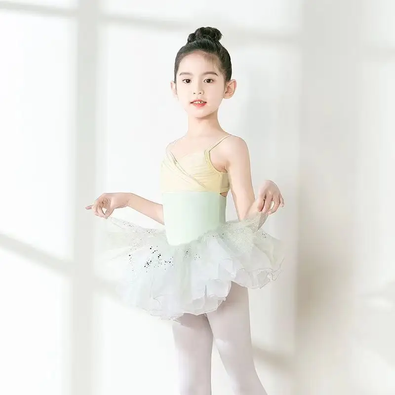 Girls Ballet Dance Dress Kids Child Sleeveless Stitching V-Neck Gymnastics Leotard Practice Professional Stage Dance Wear