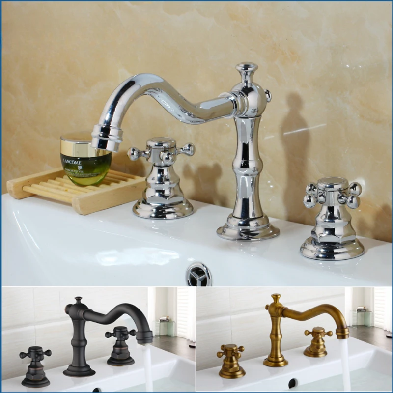 

KEMAIDI Antique Brass Bathroom Basin Faucet Double Handles Deck Mounted Mixer Tap 3 pcs Bathtub Faucets Hot Cold Water