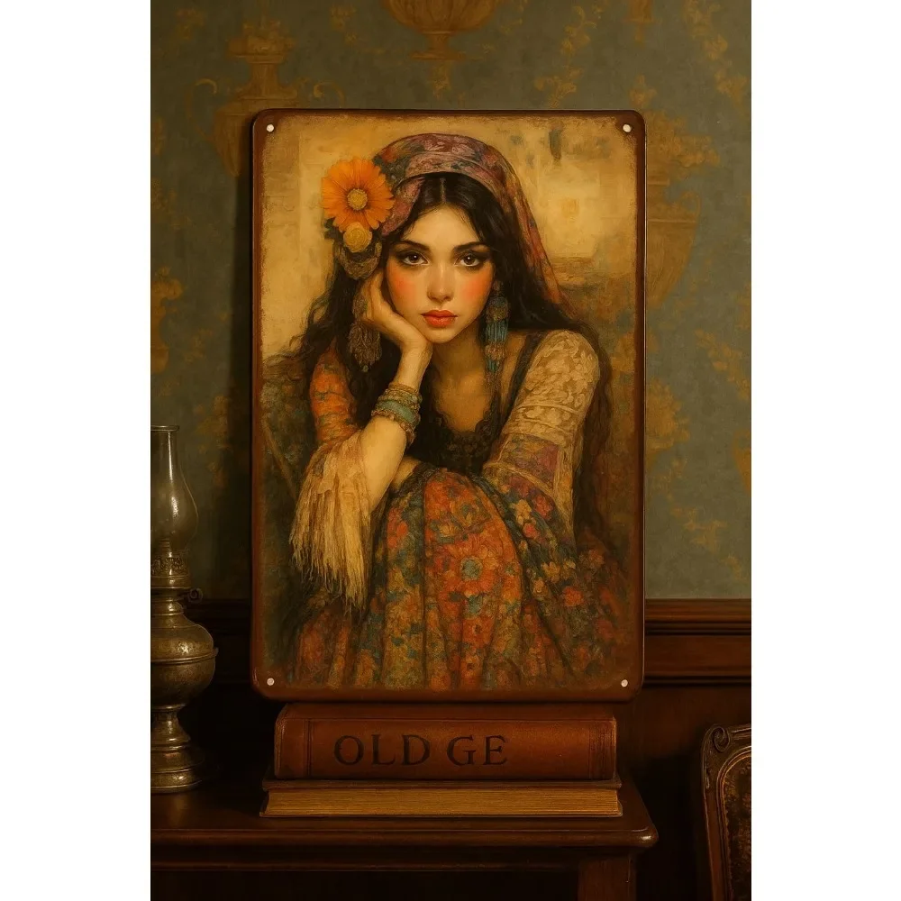 Vintage Bohemian Gypsy Woman Metal Tin Sign Floral Dress Headscarf Retro Wall Art for Bedroom Cultural Home Decor
