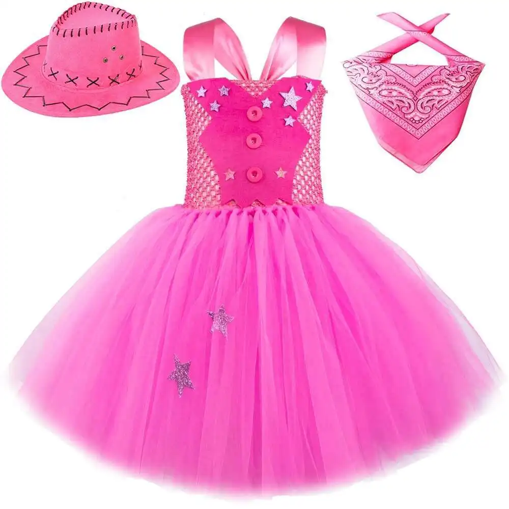 

Hot Pink Cowgirl Costumes for Girls Movie Barbi Ballet Tutus Dresses for Kids Christmas Halloween Clothes Birthday Outfit Gifts