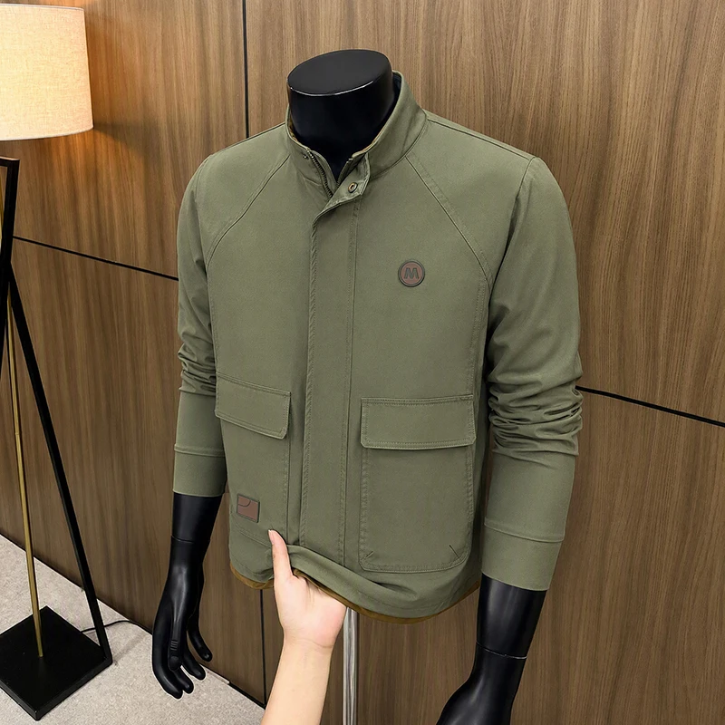 Fashionable Spring Autumn Men's Jacket Stand Collar Full Zip M Letter Stamp Big Pocket Business Casual Korean Version Men's Tops