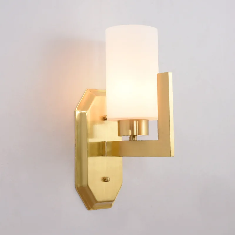 Modern Matte Golden Plated Copper Wall Lamp with Frosted Glass Cylindrical Shade LED E27 Wall Lights Bedside Lamp