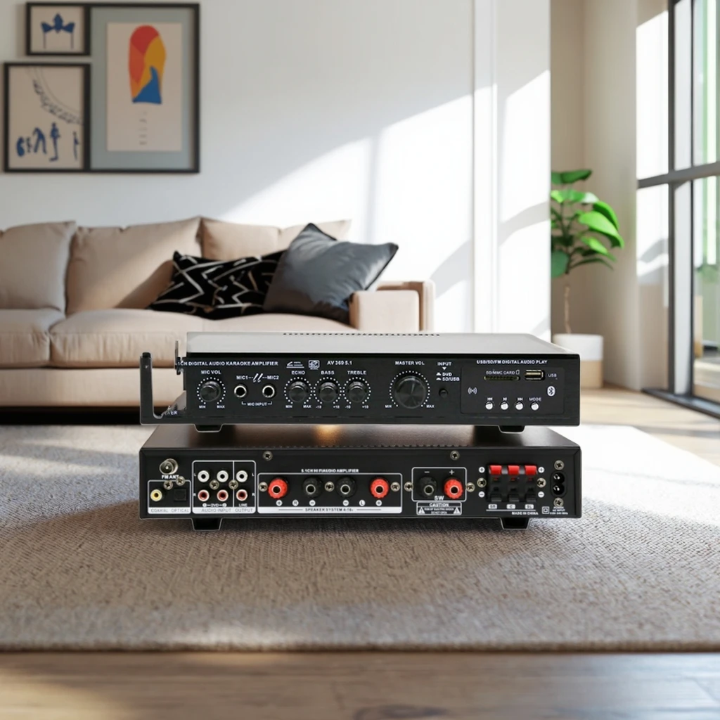 AV-369BT 5.1CH 120W*2+25W*3 HIFI Power Amplifier with Optical Coaxial Input, BT 5.0, Super Bass, for Home Theater Karaoke Party