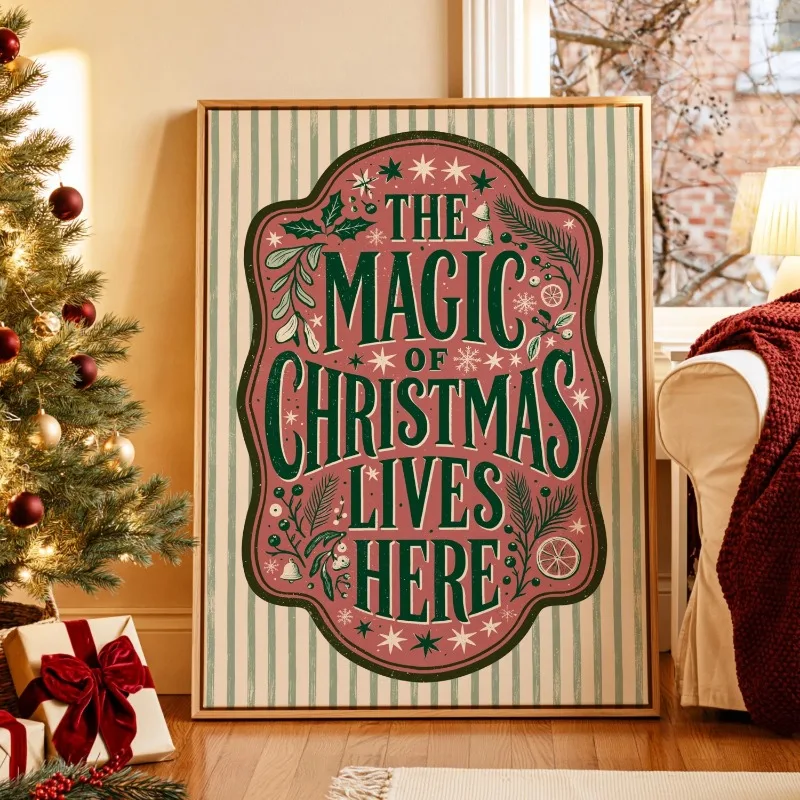 Retro The Magic of Christmas Lives Here Canvas Wall Art Vintage Striped Festive Decor Xmas Wall Print Unframed Canvas Poster