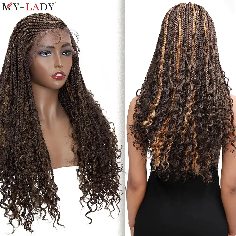 

My-Lady Synthetic Box Braid Wigs 26inch Cornrow Braids Lace Front Wigs Curly Ends Braided Brazilian Wig With Baby Hair Afro Wig