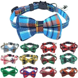 Pet Breakaway Cat Collar Bow Tie and Bell Cute Plaid Christmas Red Elastic Adjustable Dog Collar with Sash Small Bell for Cats