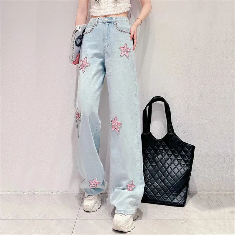 

Jeans Female Summer New Korean Sweet Heavy Industry Rhinestone Five-Pointed Star Jeans Fashion High Waist Slim Wide Leg Trousers