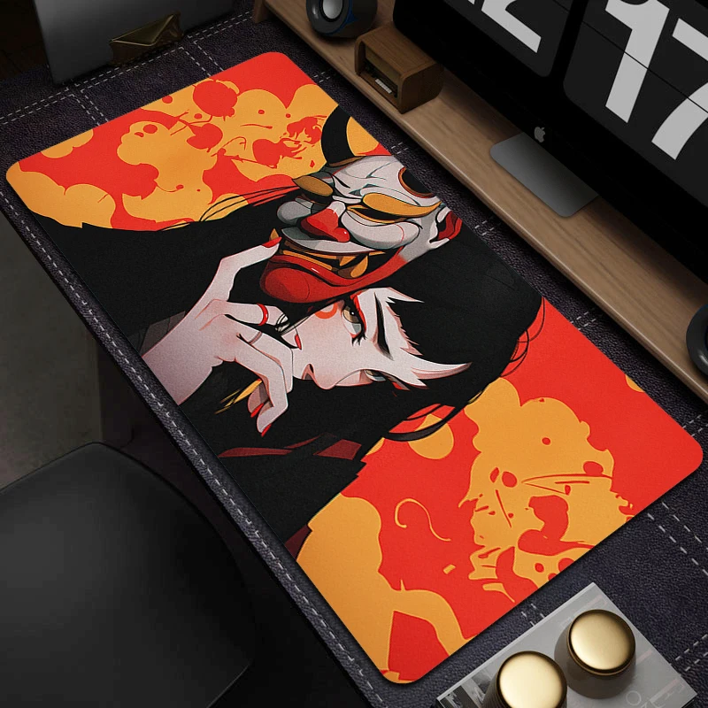 Gamer Mouse Pad Oni Devil Mask Rubber Mouse Mat Anime Girls Large Gaming Mousepad Game HD Print Keyboard Pad Non-Slip Desk Mat