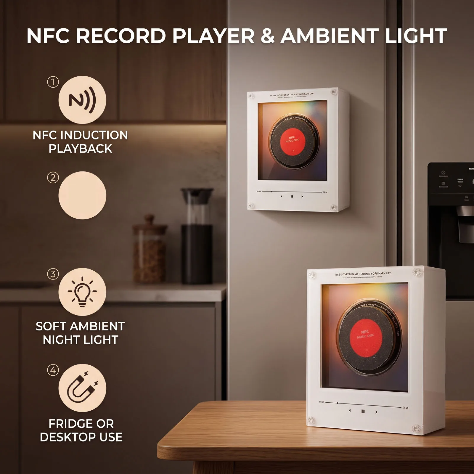 Music Refrigerator Magnets with NFC Records Player Set 256G Music Player with Light for Fridge Desktop Unique Musical Gift