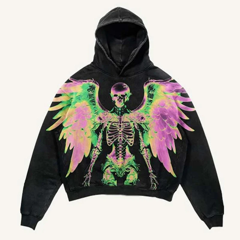 Retro czaszki płomień 3D bluza z kapturem z nadrukiem mężczyźni kobiety wysokiej jakości hiphopowy amerykański europejski Streetwear bluzy czarne swetry Y2k