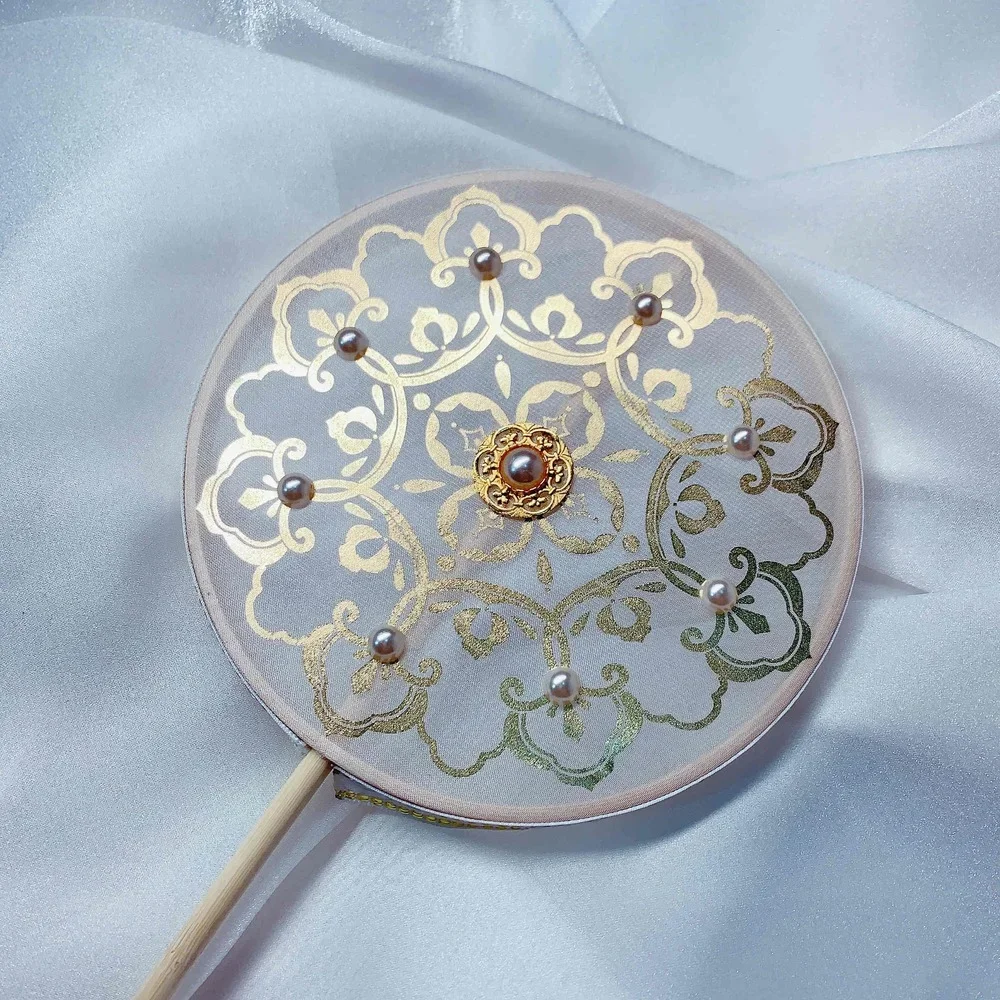 Kid's Adult Palm Catwalk Show Hanfu Accessories Girls Group Palace Hand Fans Small Embroidery Ancient Long Handle Dance Costume