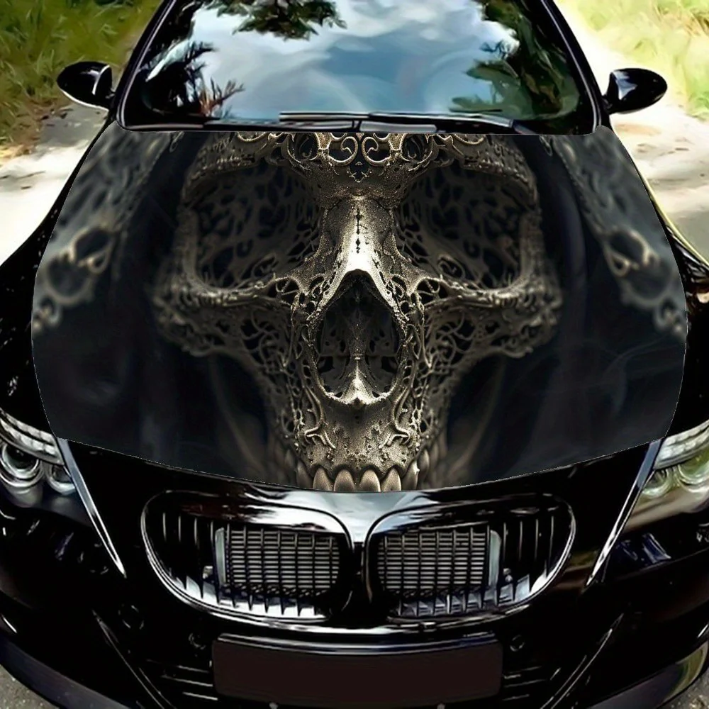 

Mystic Metal Skull Car Vinyl Wrap, PVC Waterproof Car Hood Sticker, Self-Adhesive Scratch-Resistant Stickers for Engine Cover, C