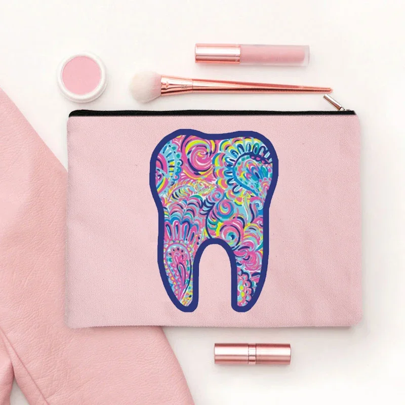 2024 Cute Teeth Cartoon White Zipper Makeup Bag Dental Clinic Storage Bag Women\'s Single Party Minimalist Decorative Handbag