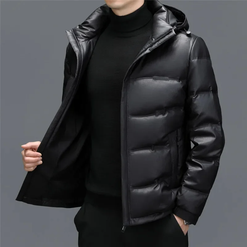 ZDT-8054 Winter New Men's Sheepskin Short Hooded White Duck Down Casual Jacket Warm And Thick Genuine Leather