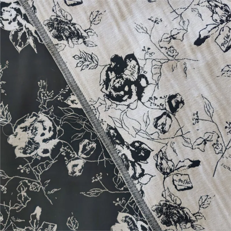 Rose jacquard fabric woven sketch contrasting color black and white women's dress surface