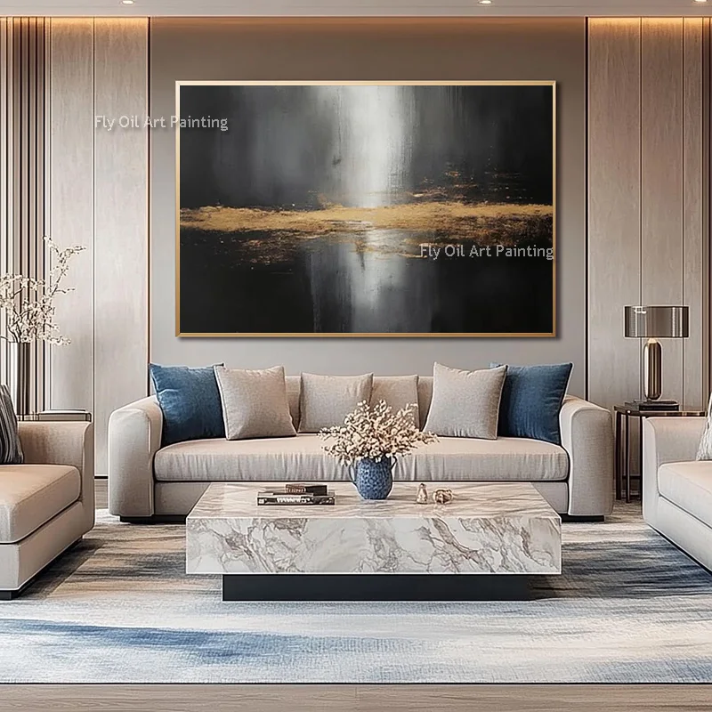 تصميم بسيط مرسومة باليد مجردة أصفر أسود الناس النفط الطلاء على قماش عمل فني شعبي جديد الأخضر البيج جدار ديكور فني #5