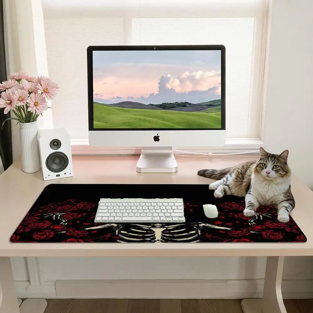 Extended Gaming Desk Mat Gothic Skeleton With Red Roses Pattern Non Slip Rubber Base Waterproof Mouse Pad for Computer Gaming