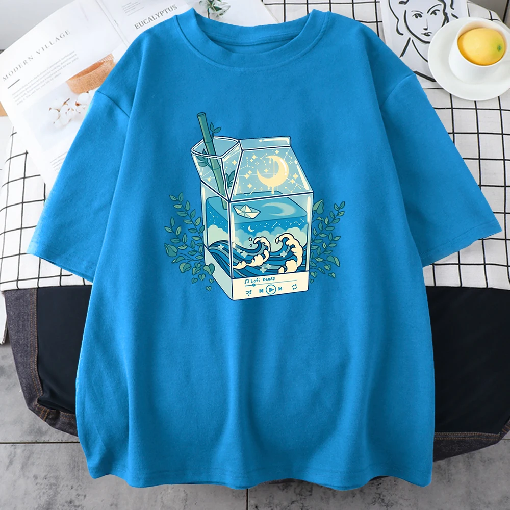 Milk Box Moonlight Waves Prints Man Cotton Clothing Creativity Casual Crewneck T-Shirts All-math Breathable Mens Short Sleeve