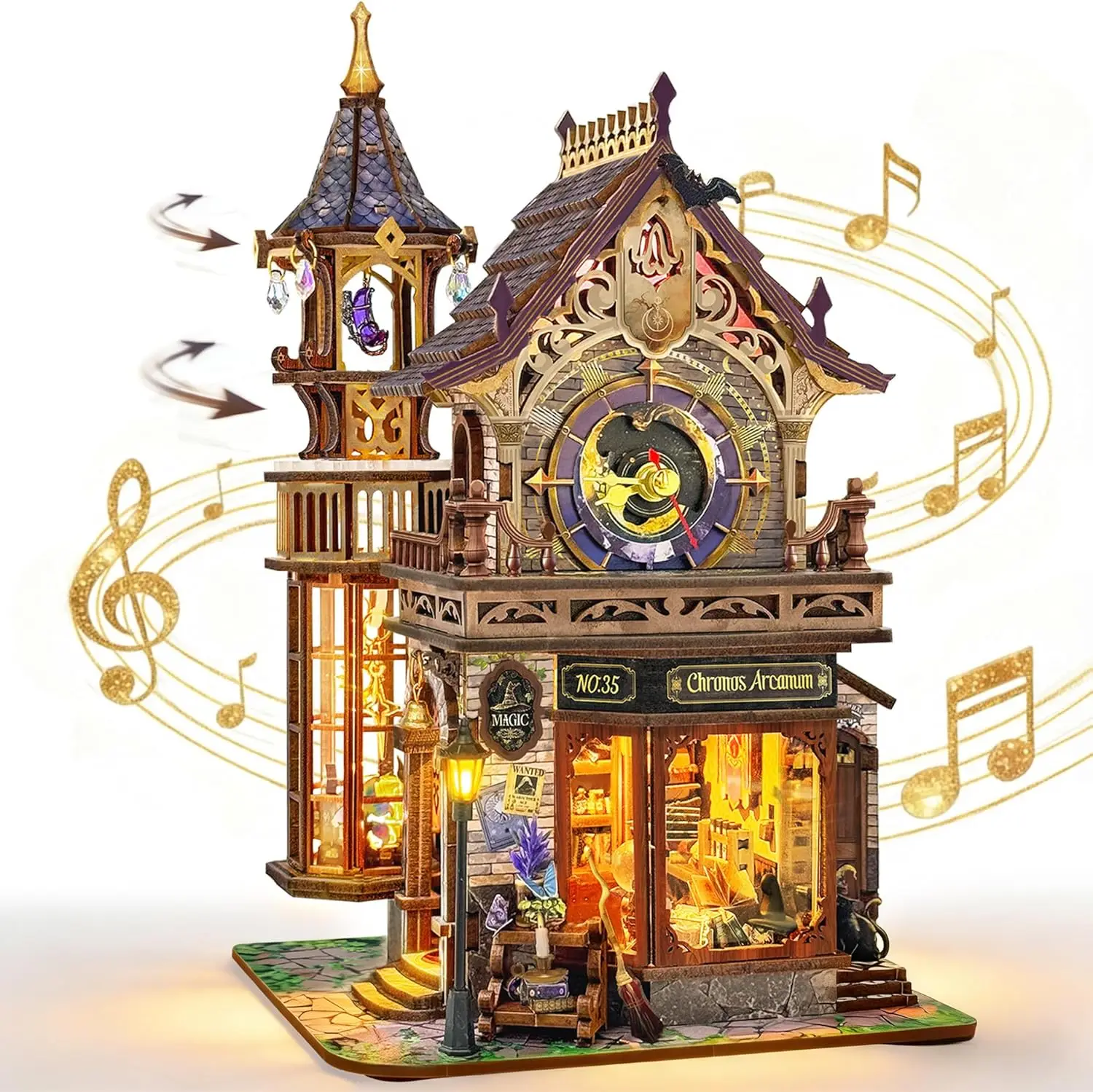 Time Magic Club Book Nook Kit with Rotating Tower, Music & Lights | Dynamic Fantasy DIY Miniature Building Kit, Bookshelf Decor