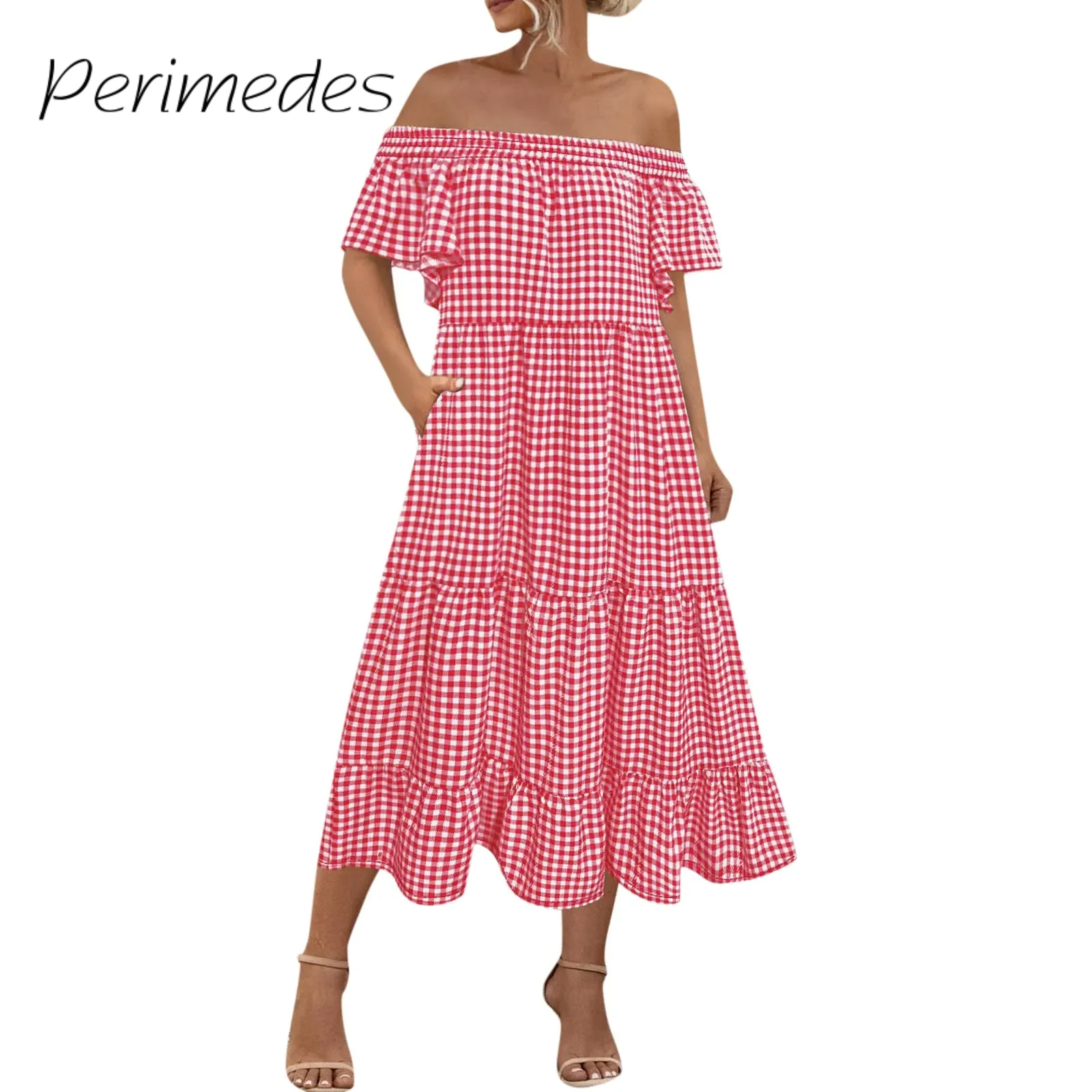 

Women'S Versatile Sexy Dress Ruffle Tiered Single Side Off-Shoulder Dress Strapless Graceful Cool Plaid Printed Daily Dress