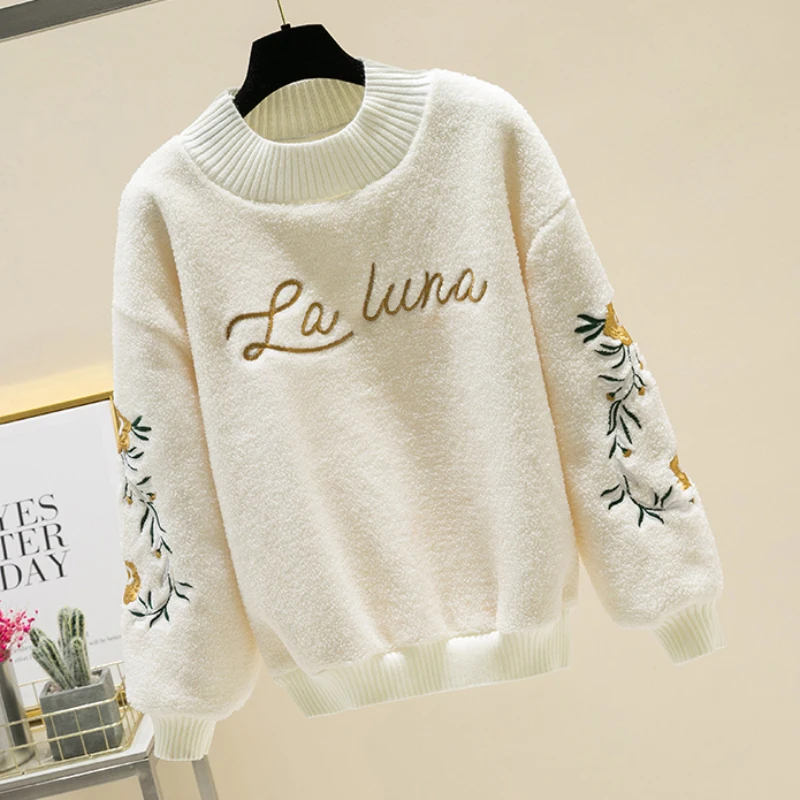 Fall Winter O-Neck Lambswool Pullovers Women\'s Floral Letter Embroidery Loose Sweatshirts Ladies Fleece Thick Warm T-Shirt