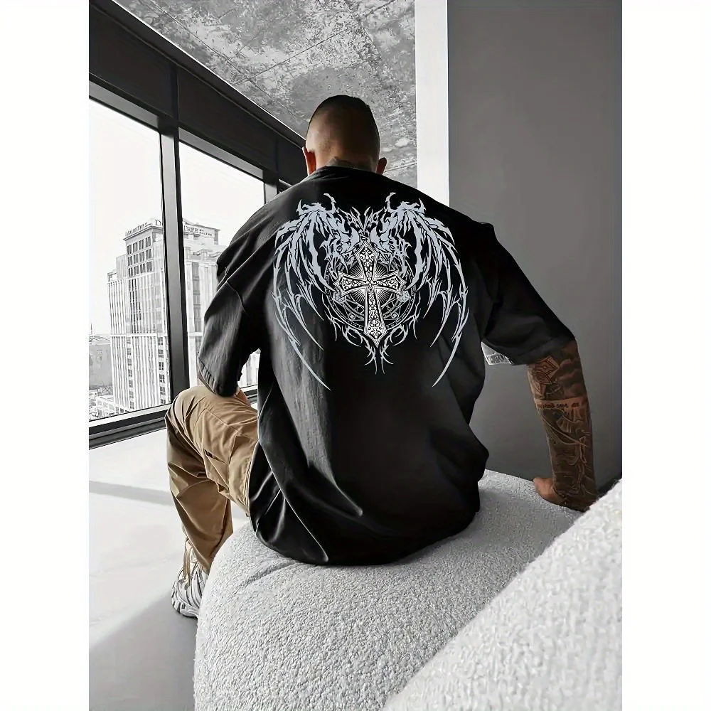 

Men's Street Style Skull and Wings T-Shirt - Casual Loose Short Sleeve Crew Neck, Breathable with Goth Cross and Wings Design