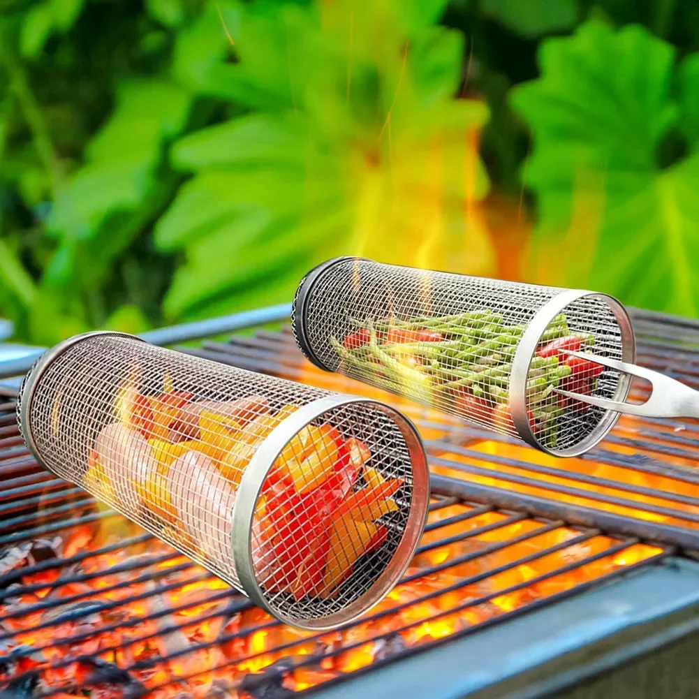 Rolling Grilling BBQ Basket Stainless Steel Leak proof Mesh Barbecue Rack Outdoor Picnic Camping Simple Cylindrical BBQ Grill