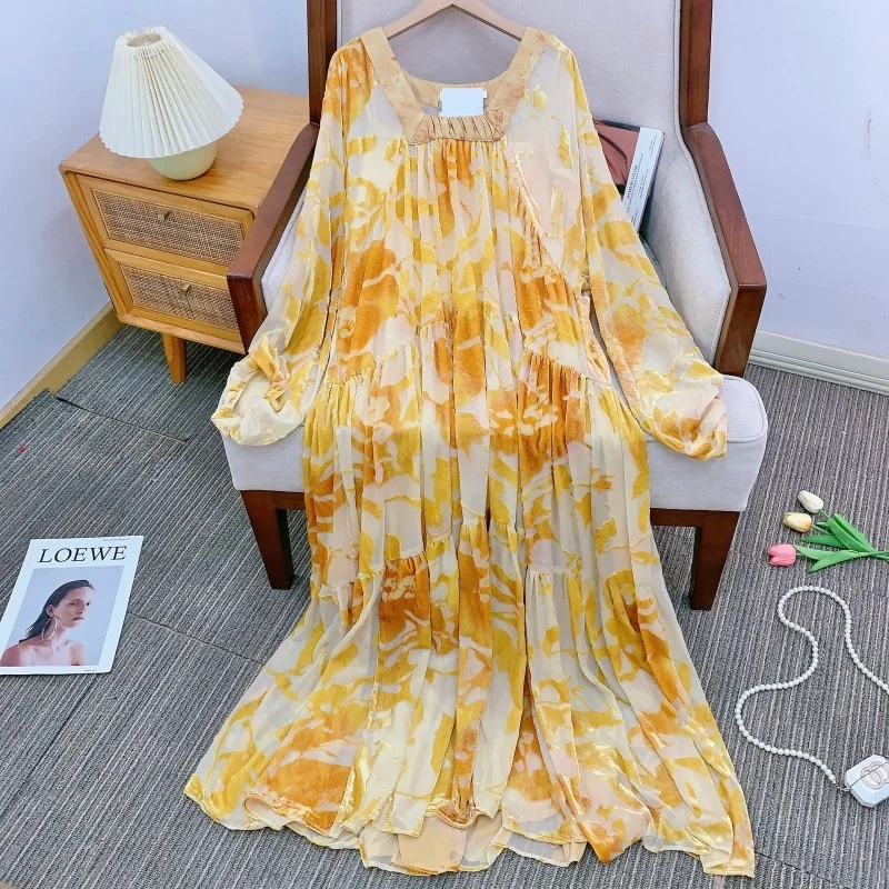 

Новый китайский комплект из двух предметов с цветочным узором для женщин, лето 2025: модное платье с рукавами-крылышками и длинной юбкой А-силуэта